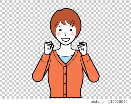 面向前方。一位身穿開襟羊毛衫的年輕女子擺出勝利姿勢。第二部分 面向前方。一位身穿開襟羊毛衫的年輕女子擺出勝利姿勢。第二部分 139028032
