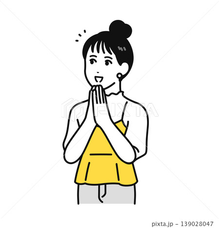 手を合わせて喜ぶまとめ髪の若い女性のイラスト素材 手を合わせて喜ぶまとめ髪の若い女性のイラスト素材 139028047