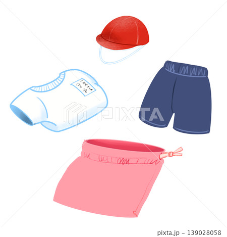 ピンクの体操着セットの持ち物チェックイラスト（体操着・ハーフパンツ・赤白帽・ナップサック） 139028058