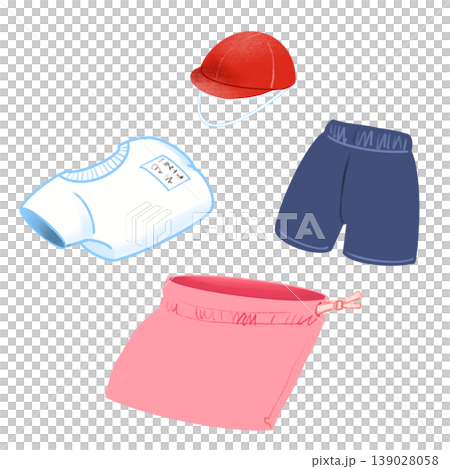 ピンクの体操着セットの持ち物チェックイラスト（体操着・ハーフパンツ・赤白帽・ナップサック） 139028058