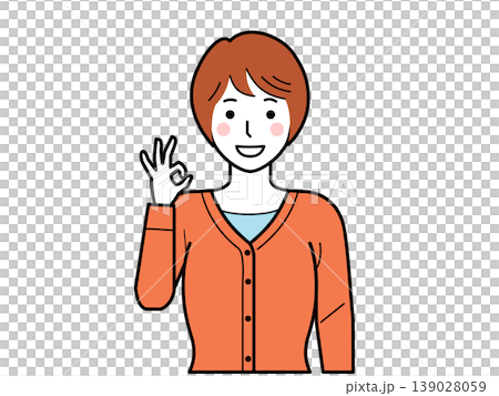 Facing forward. A young woman in a cardigan making an OK sign. Part 2 Facing forward. A young woman in a cardigan making an OK sign. Part 2 139028059