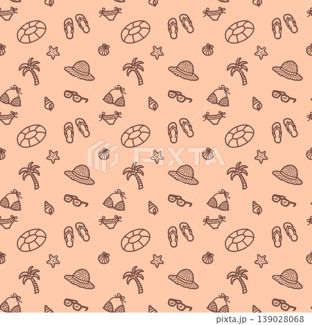 大人向けの落ち着いた配色で描いたビーチモチーフのシームレスパターン（夏・海・リゾート・手描き線画） 139028068