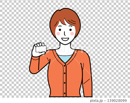 Facing forward. A young woman in a cardigan holding a card. Part 2 Facing forward. A young woman in a cardigan holding a card. Part 2 139028099