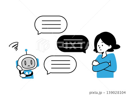困り顔で会話する女性とAIロボットのイラスト 困り顔で会話する女性とAIロボットのイラスト 139028104