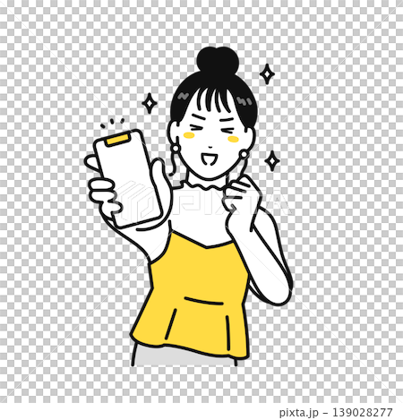 Illustration of a young woman with her hair tied up excitedly showing her smartphone screen. Illustration of a young woman with her hair tied up excitedly showing her smartphone screen. 139028277