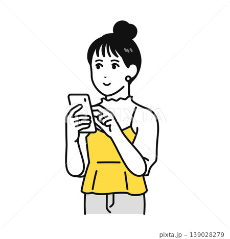 スマホを見るまとめ髪の若い女性のイラスト素材 139028279