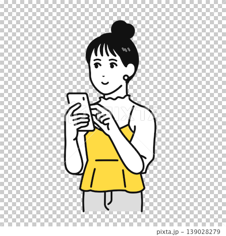 スマホを見るまとめ髪の若い女性のイラスト素材 139028279