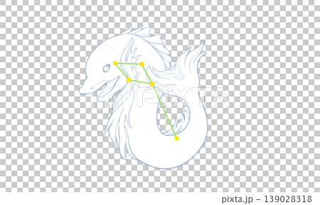 Color line art illustration of the constellation Delphinus (a drawing of a dolphin and constellation lines) Color line art illustration of the constellation Delphinus (a drawing of a dolphin and constellation lines) 139028318