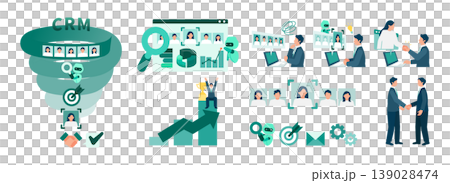 Business illustration set for CRM customer management systems and AI analytics. Business illustration set for CRM customer management systems and AI analytics. 139028474