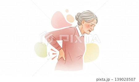 腰痛で腰に手をあてている高齢者の淡い水彩画イラスト　文字スペースあり 139028507