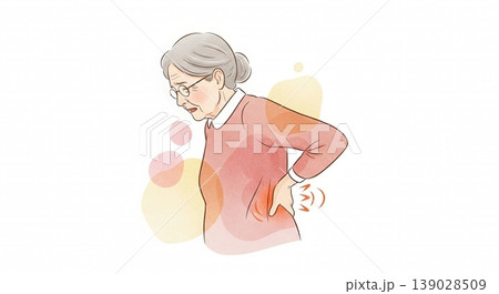 腰痛で腰に手をあてている高齢者の淡い水彩画イラスト　文字スペースあり 139028509