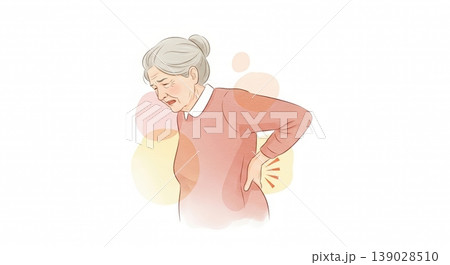 腰痛で腰に手をあてている高齢者の淡い水彩画イラスト　文字スペースあり 139028510