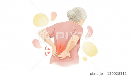 腰痛で腰に手をあてている高齢者の淡い水彩画イラスト　文字スペースあり 139028511