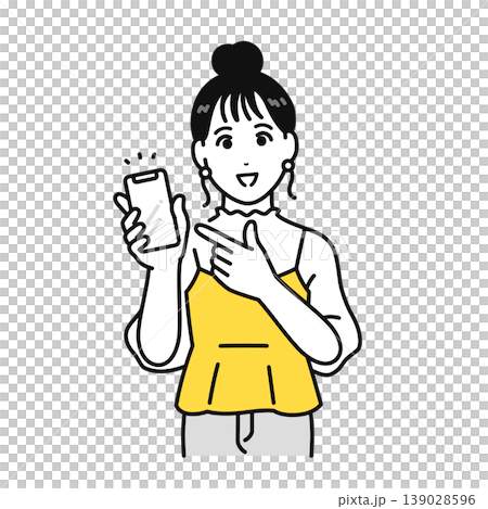 Illustration of a young woman with her hair tied up recommending something while showing her smartphone screen. Illustration of a young woman with her hair tied up recommending something while showing her smartphone screen. 139028596