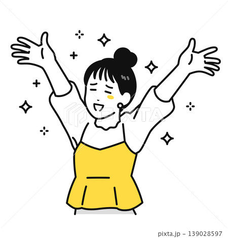 両手を広げて喜ぶまとめ髪の若い女性のイラスト素材 139028597