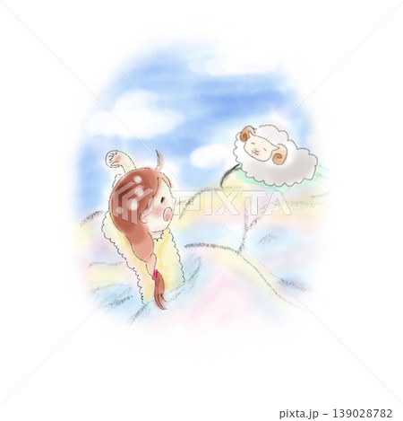 水彩風 女の子と羊が寝てるイラスト 絵本風 139028782