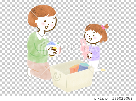 一幅描繪母親和女兒一起收拾玩具的插圖。 139029062