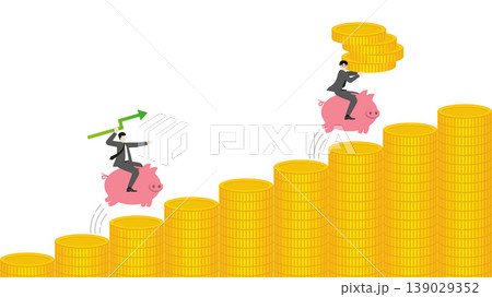 Financial market growth concept, businessman riding piggy bank on rising coin bar chart, wealth accumulation and strategic investment planning for profit Financial market growth concept, businessman riding piggy bank on rising coin bar chart, wealth accumulation and strategic investment planning for profit 139029352