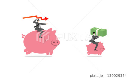Financial loss and economic crisis concept, businessman riding piggy bank with red down arrow, investment risk and market downturn, capital reduction strategy 139029354