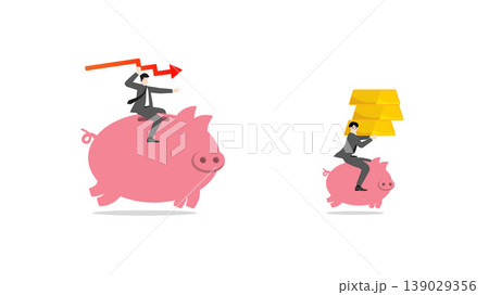 Market downturn and financial crisis concept, businessman riding piggy bank with gold bars and red down arrow, investment risk and capital loss analysis 139029356