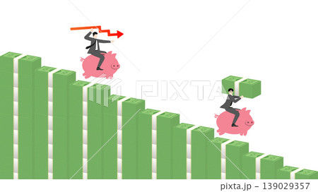 Financial crisis and economic recession concept, businessman riding piggy bank on falling money bar chart, investment loss and market downturn strategy Financial crisis and economic recession concept, businessman riding piggy bank on falling money bar chart, investment loss and market downturn strategy 139029357