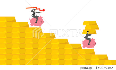 Declining gold bar chart graph and financial crisis, businessman riding piggy bank, investment loss and market recession concept, wealth devaluation Declining gold bar chart graph and financial crisis, businessman riding piggy bank, investment loss and market recession concept, wealth devaluation 139029362