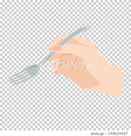 圖中描繪了用餐時右手拿著叉子的情景。 圖中描繪了用餐時右手拿著叉子的情景。 139029587