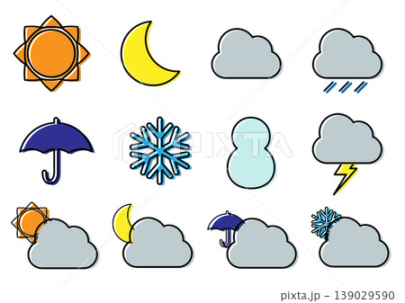 シンプルな天気アイコンセット　晴れ　くもり　雨　ベクターイラスト　カラフル 139029590