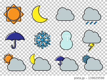シンプルな天気アイコンセット　晴れ　くもり　雨　ベクターイラスト　カラフル 139029590