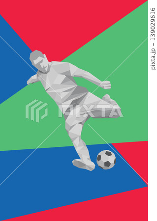 Polygon football player shooting with grometric colorful background vertical template have blank space. Polygon football player shooting with grometric colorful background vertical template have blank space. 139029616