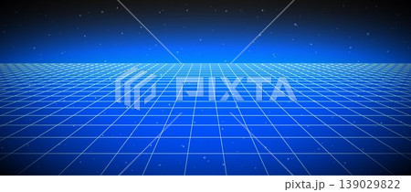 Bright blue glow neon wireframe background. Glowing checkered grid floor plane in perspective. Arcade game sci fi matrix landscape surface. Retro shining futuristic horizon wallpaper. Vector backdrop 139029822