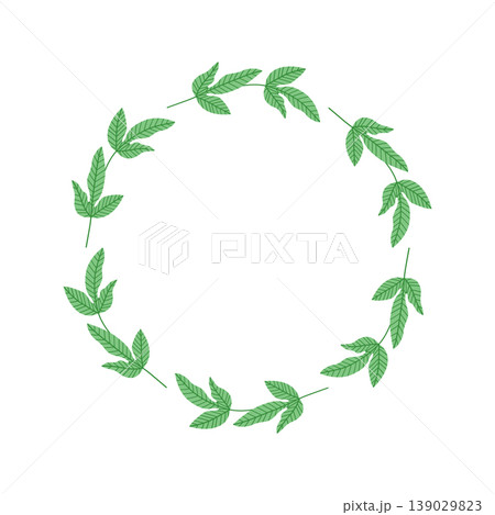 Green leaves wreath frame isolated on white, botanical circle border for wedding invitation, logo design and natural cosmetic branding Green leaves wreath frame isolated on white, botanical circle border for wedding invitation, logo design and natural cosmetic branding 139029823