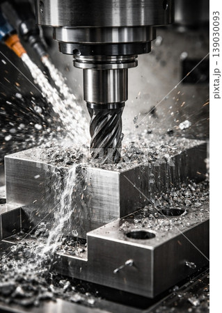 CNC milling machine processing on steel with cooling CNC milling machine processing on steel with cooling 139030093
