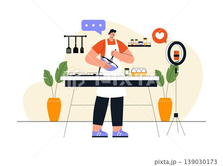Cooking Blog Illustration Online Food Content Creator With Kitchen Setup Camera Live Streaming Recipe Tutorial and Social Media Engagement Design 139030173