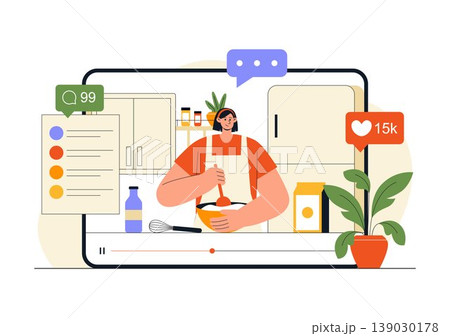 Cooking Blog Illustration Online Food Content Creator With Kitchen Setup Camera Live Streaming Recipe Tutorial and Social Media Engagement Design Cooking Blog Illustration Online Food Content Creator With Kitchen Setup Camera Live Streaming Recipe Tutorial and Social Media Engagement Design 139030178