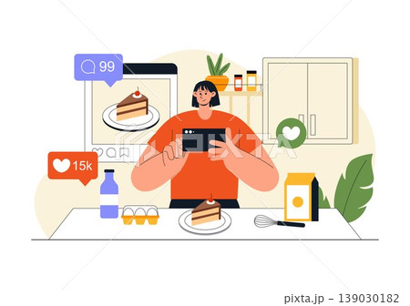 Cooking Blog Illustration Online Food Content Creator With Kitchen Setup Camera Live Streaming Recipe Tutorial and Social Media Engagement Design 139030182