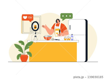 Cooking Blog Illustration Online Food Content Creator With Kitchen Setup Camera Live Streaming Recipe Tutorial and Social Media Engagement Design Cooking Blog Illustration Online Food Content Creator With Kitchen Setup Camera Live Streaming Recipe Tutorial and Social Media Engagement Design 139030185