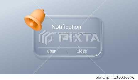 Transparent glass notification window with calendar alert display. Sleek digital interface featuring modern app popup, message bubble, and minimalist icon elements on isolated background. Transparent glass notification window with calendar alert display. Sleek digital interface featuring modern app popup, message bubble, and minimalist icon elements on isolated background. 139030376