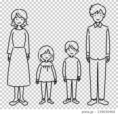 一幅描繪四口之家的插圖（全身像，僅線條畫）。 139030468