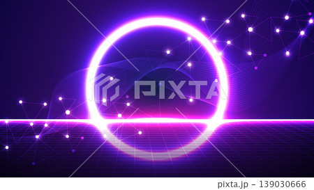 Abstract neon purple futuristic background with glowing circle portal and network grid 139030666