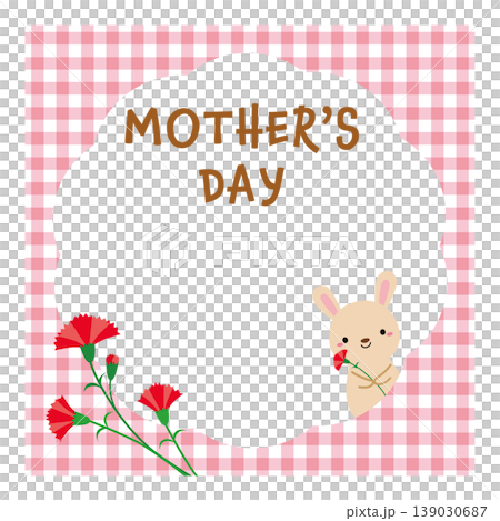 Mother's Day title featuring a rabbit and carnations, framed in pink gingham check. 139030687