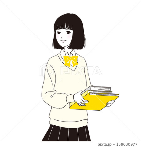 人物イラスト　本を持つ制服の女子生徒03 139030977
