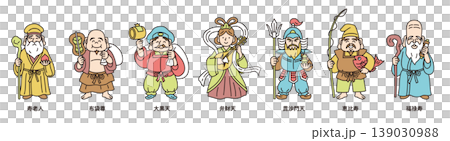 可愛的七福神線描向量插圖集 139030988