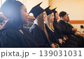 Young people in graduation gowns listen to a speech.  139031031