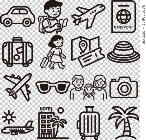 旅行圖示插圖集：觀光、旅行、家庭旅行、交通、住宿、線條藝術、設計、裝飾、材料。 139031076