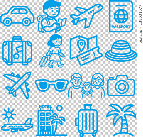 旅行圖示插圖集：觀光、旅行、家庭旅行、交通、住宿、線條藝術、設計、裝飾、材料。 139031077
