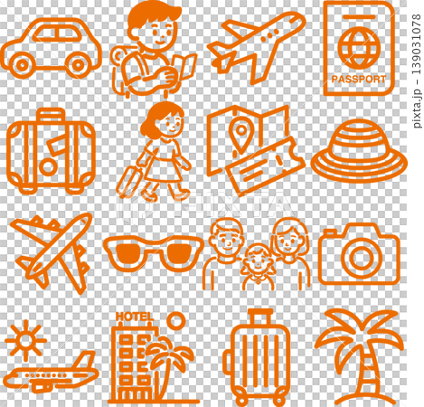 旅行圖示插圖集：觀光、旅行、家庭旅行、交通、住宿、線條藝術、設計、裝飾、材料。 139031078