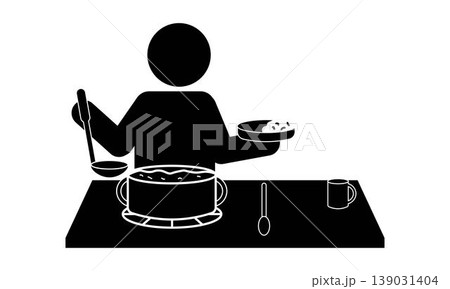 カレーを鍋から盛り付けている人のピクトグラム カレーを鍋から盛り付けている人のピクトグラム 139031404