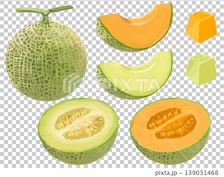 A set of various ways to cut a melon (whole, half, wedges, and slices) - red and green flesh. A set of various ways to cut a melon (whole, half, wedges, and slices) - red and green flesh. 139031468
