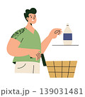 Man character shopping in supermarket, flat cartoon male with cart taking milk from shelf. Grocery store and retail scene, consumer lifestyle, hand drawn style vector illustration 139031481